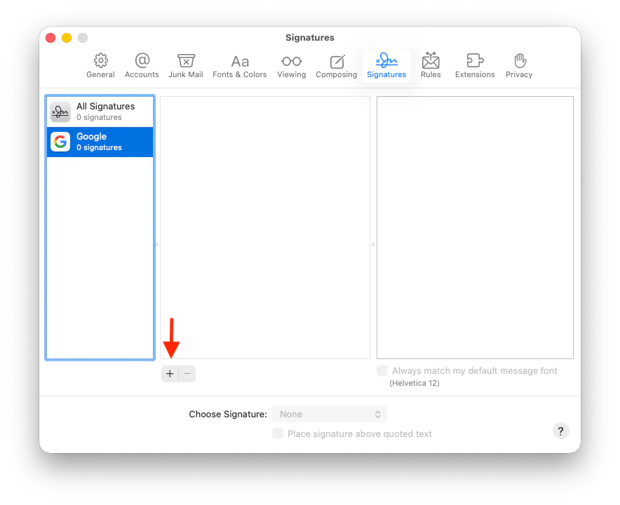 Apple Mail settings showing the Signatures panel with add button highlighted