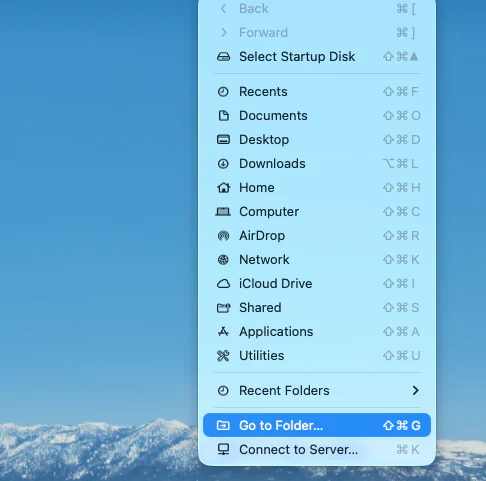 macOS Finder Go menu with Go to Folder option