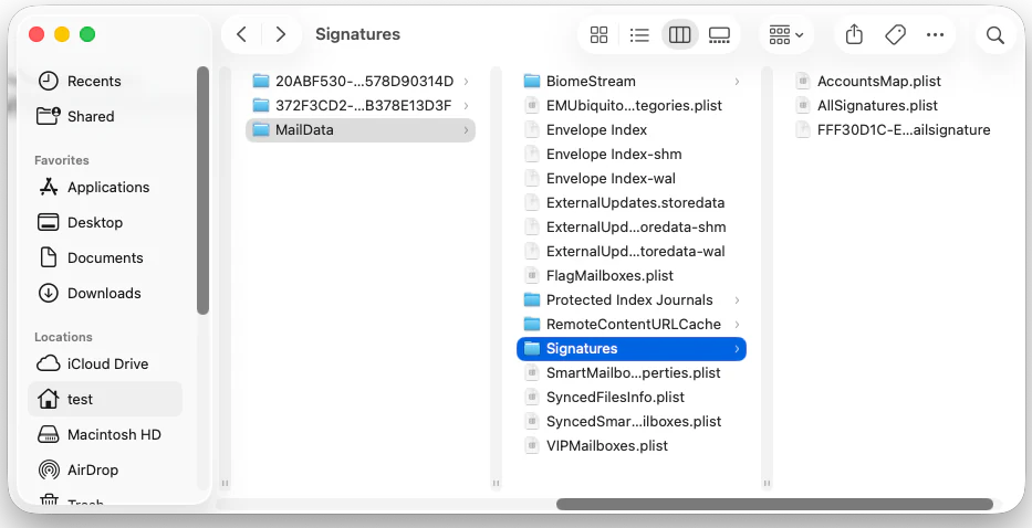 macOS Finder window showing the path to MailData/Signatures folder