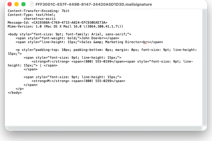 Text editor showing the body section of a .mailsignature file highlighted for editing