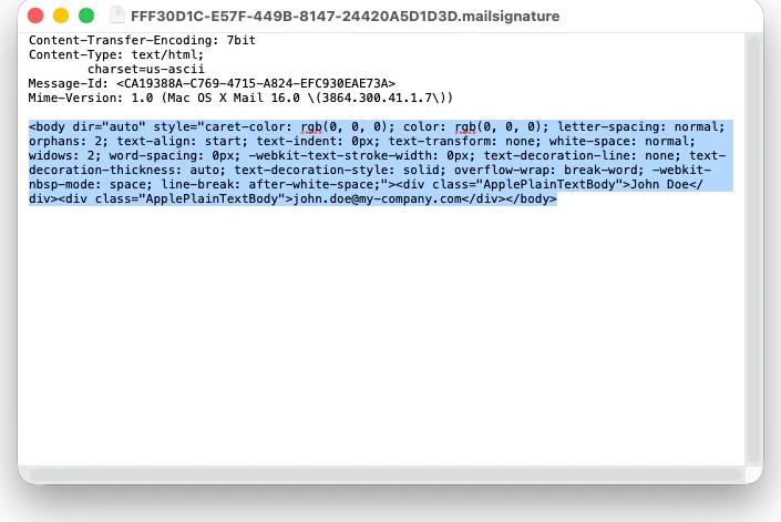 A .mailsignature file opened in TextEdit showing HTML content and metadata header